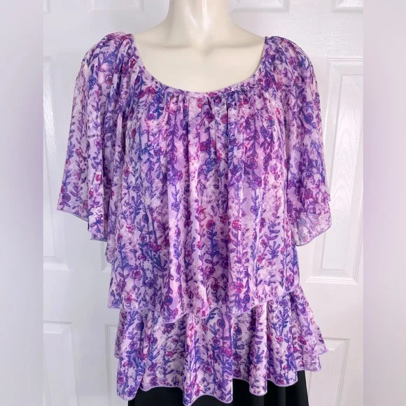 VINTAGE AMERICA Nine West Collection Floral layered tiered blouse Pink lilac S - Picture 3 of 7